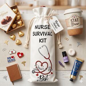 Nurse Survival Kit Canvas Wine Drawstring Gift Bag